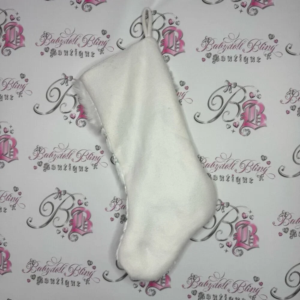 Stocking sparkly snow flakes holographic sequins furry white hanging Christmas